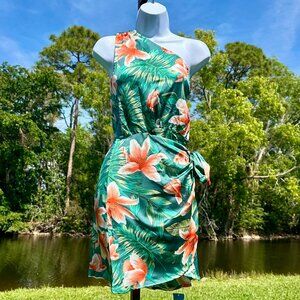 CUPSHE Green & Pink Tropical One-Shoulder Wrap Skirt Mini Dress Slimming NWT M